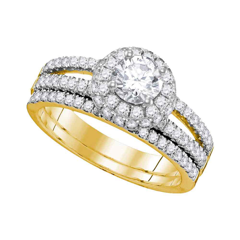 14kt Yellow Gold Womens Round Diamond Halo Bridal Wedding Engagement Ring Band Set 1-1/2 Cttw