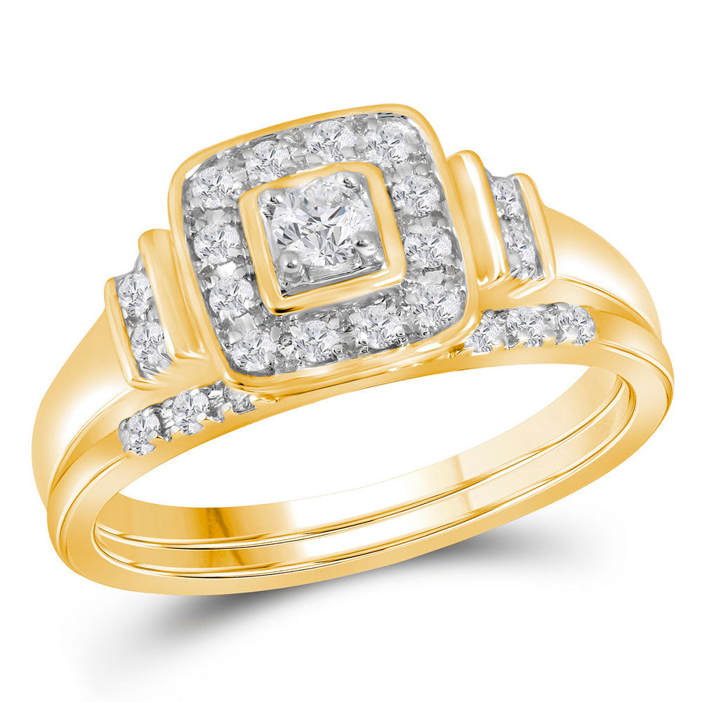 10kt Yellow Gold Womens Round Diamond Solitaire Square Bridal Wedding Engagement Ring Band Set 1/3 Cttw