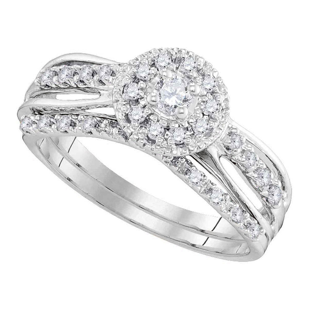 10kt White Gold Womens Round Diamond Halo Bridal Wedding Engagement Ring Band Set 1/3 Cttw
