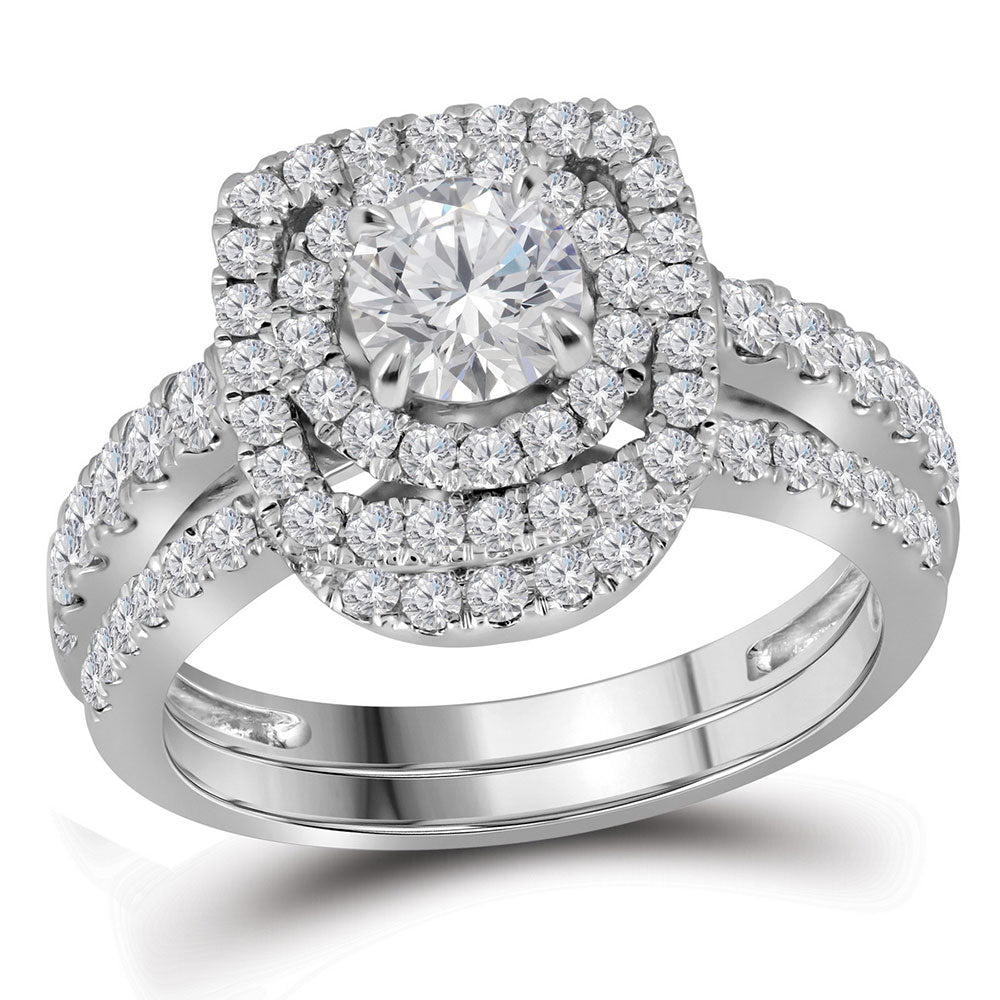14kt White Gold Womens Round Diamond Certified Double Halo Bridal Wedding Engagement Ring Band Set 1-3/4 Cttw
