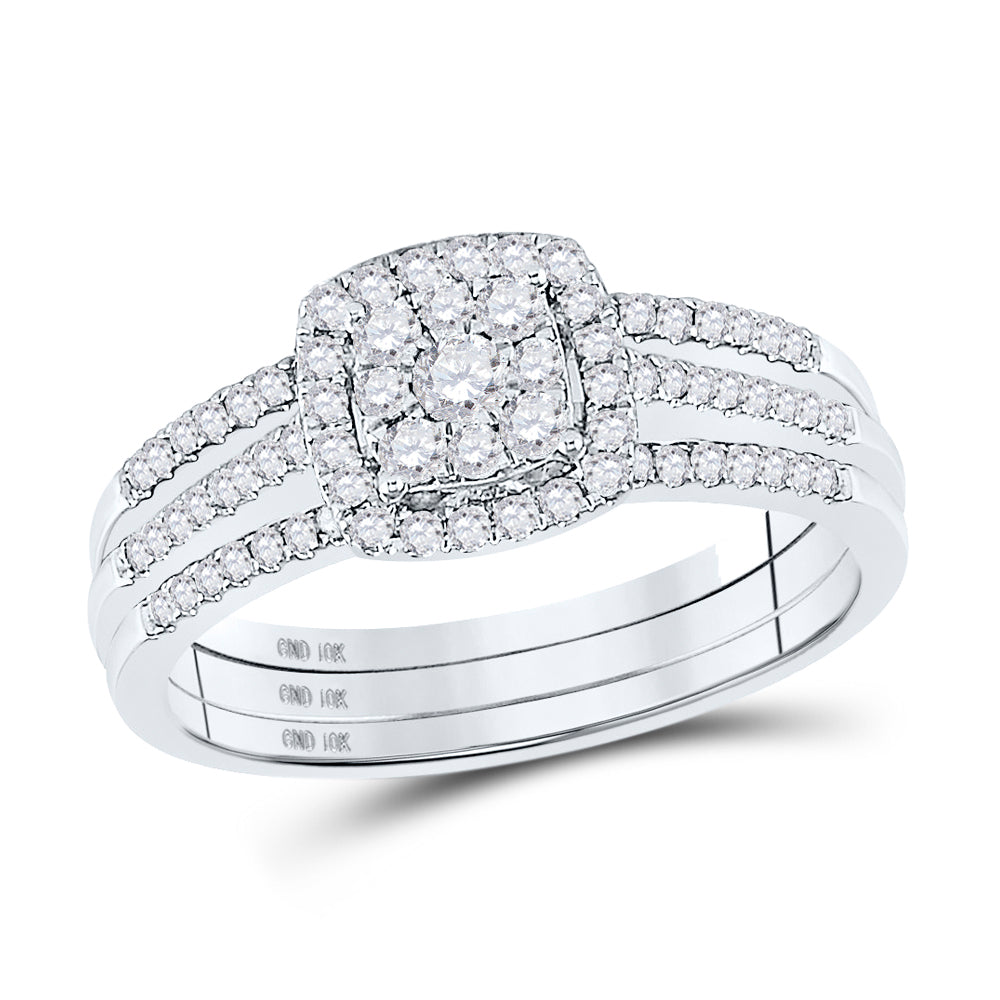 10kt White Gold Womens Round Diamond 3-Piece Cluster Bridal Wedding Engagement Ring Band Set 1/2 Cttw