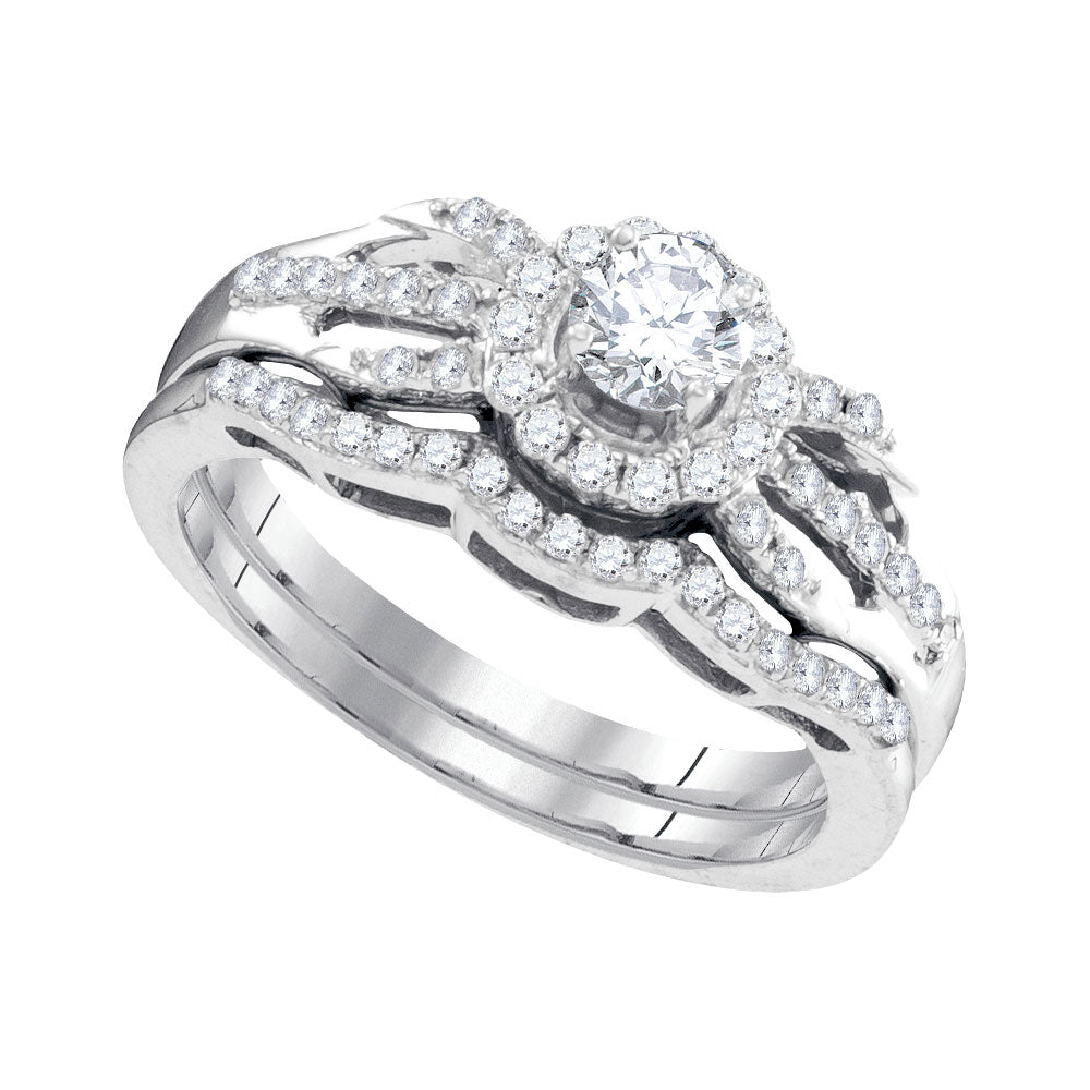 10kt White Gold Womens Round Diamond Halo Bridal Wedding Engagement Ring Band Set 1/2 Cttw