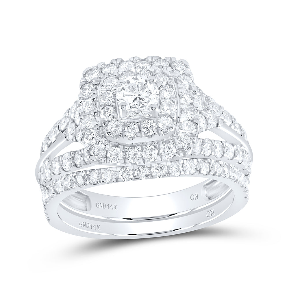 14kt White Gold Womens Round Diamond Double Square Halo Bridal Wedding Engagement Ring Band Set 1-7/8 Cttw