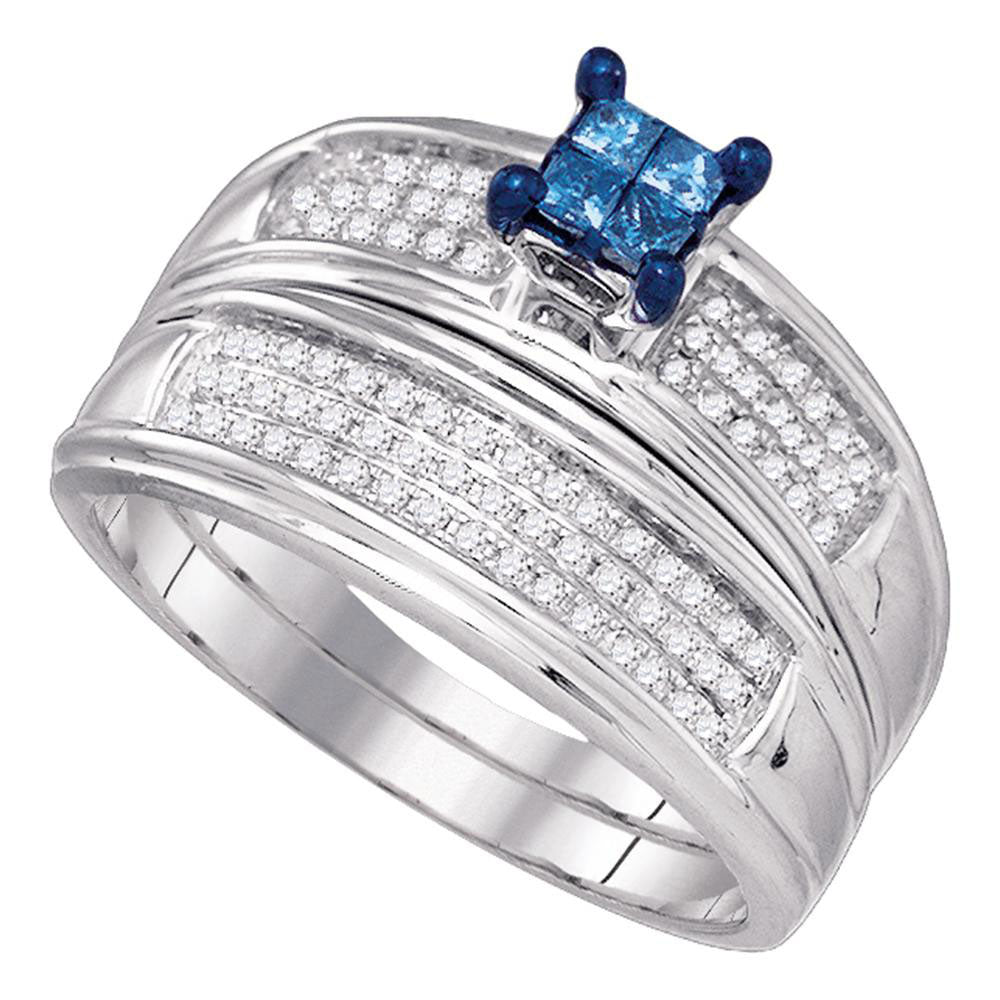 10kt White Gold Womens Princess Blue Color Enhanced Diamond Bridal Wedding Engagement Ring Band Set 3/8 Cttw