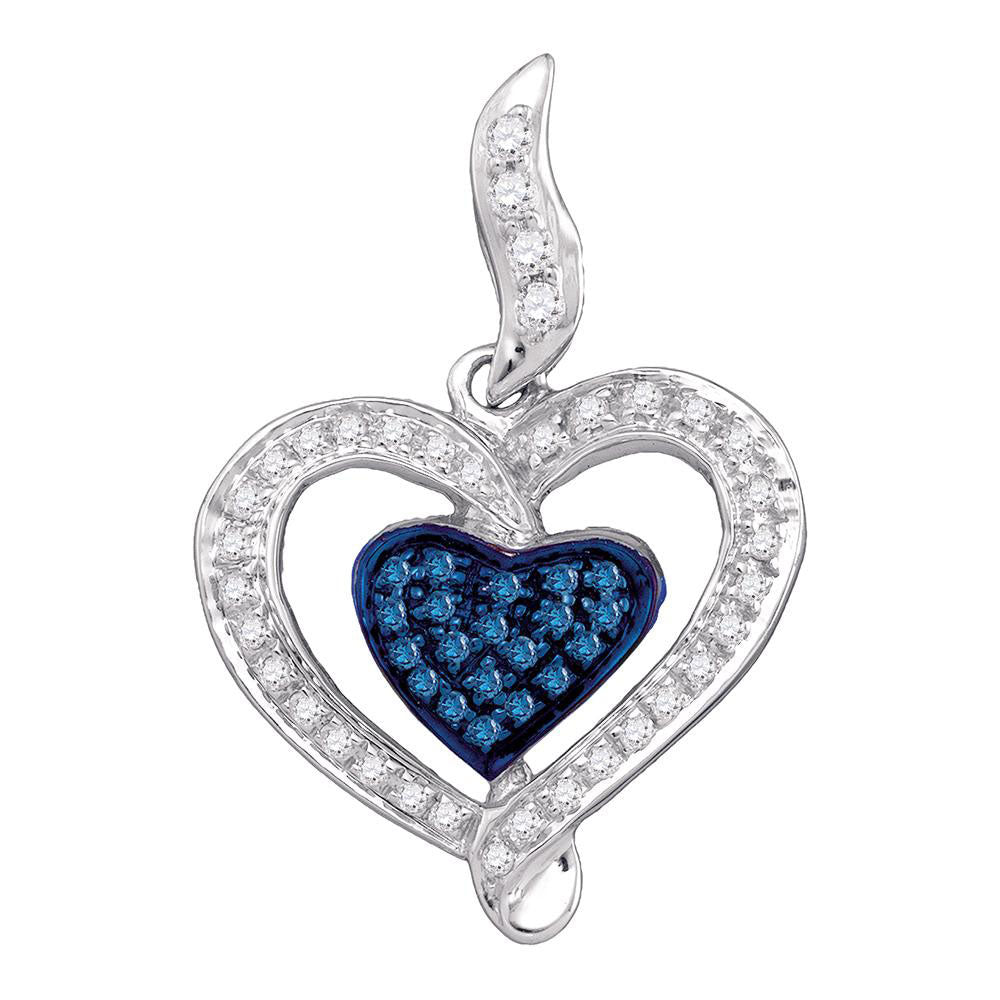 10kt White Gold Womens Round Blue Color Enhanced Diamond Heart Pendant 1/4 Cttw