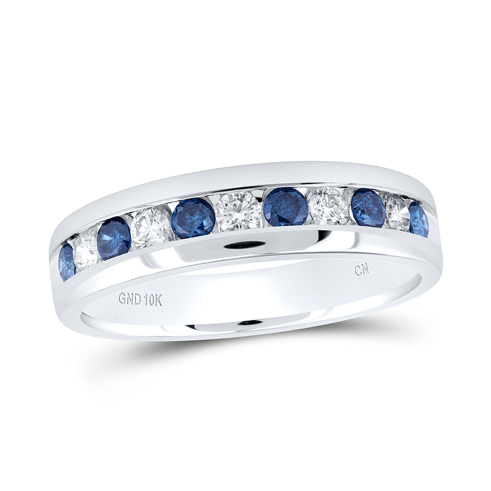 10kt White Gold Mens Round Blue Color Enhanced Diamond Band Ring 1.00 Cttw