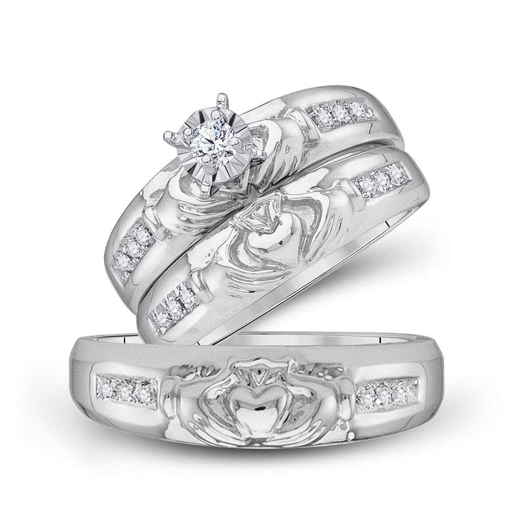 10kt White Gold His & Hers Round Diamond Claddagh Matching Bridal Wedding Ring Band Set 1/8 Cttw