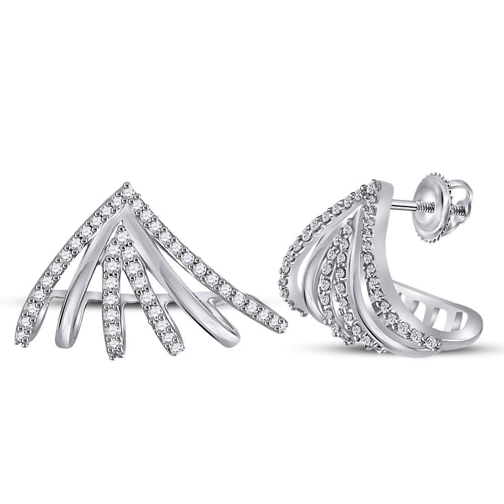 10kt White Gold Womens Round Diamond Lobe Half Hoop Earrings 3/8 Cttw