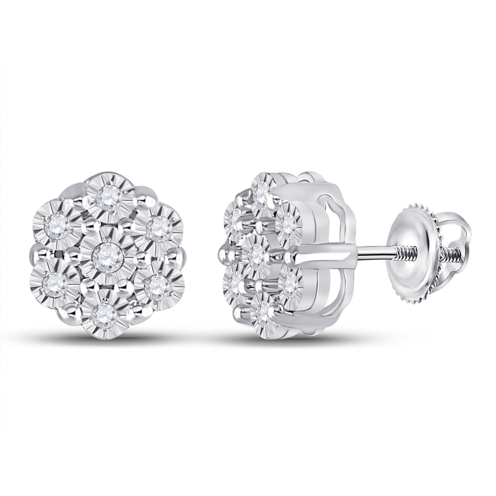 10kt White Gold Womens Round Diamond Miracle Flower Cluster Earrings 1/20 Cttw