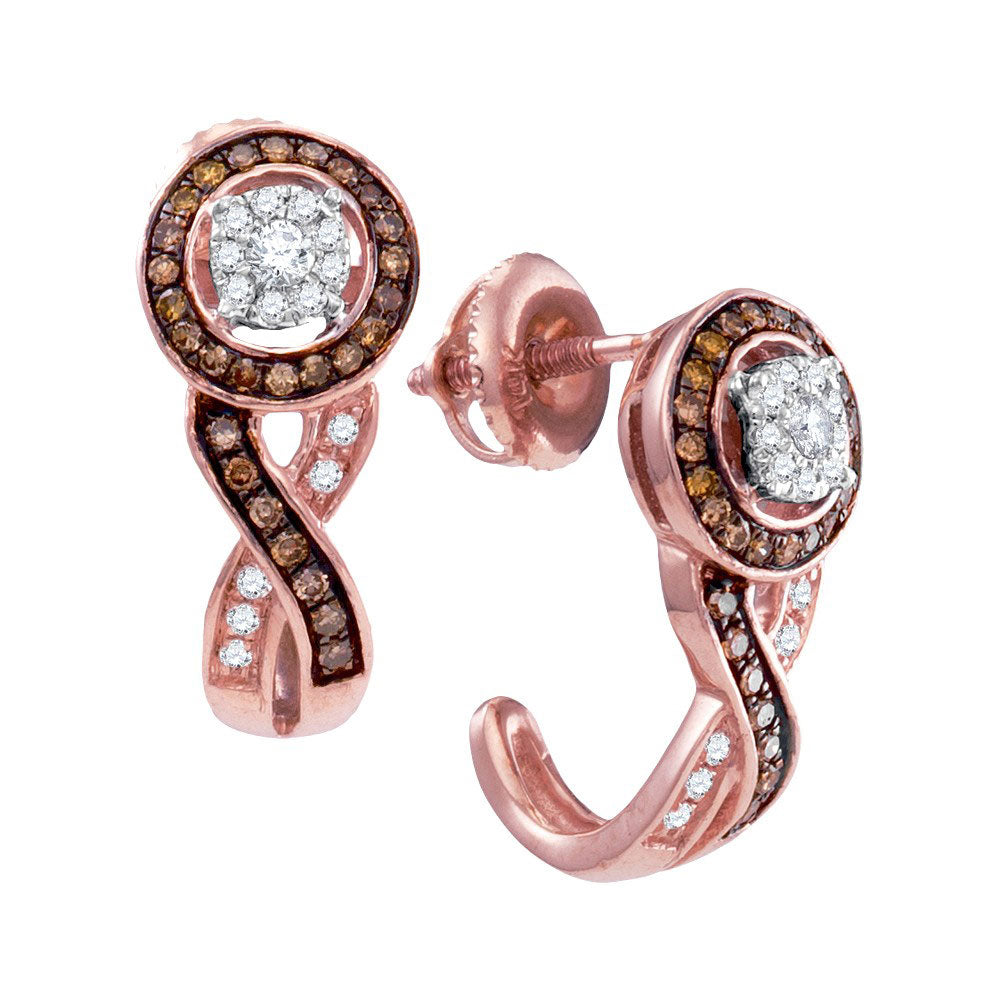 10kt Rose Gold Womens Brown Diamond Half J Hoop Earrings 3/8 Cttw