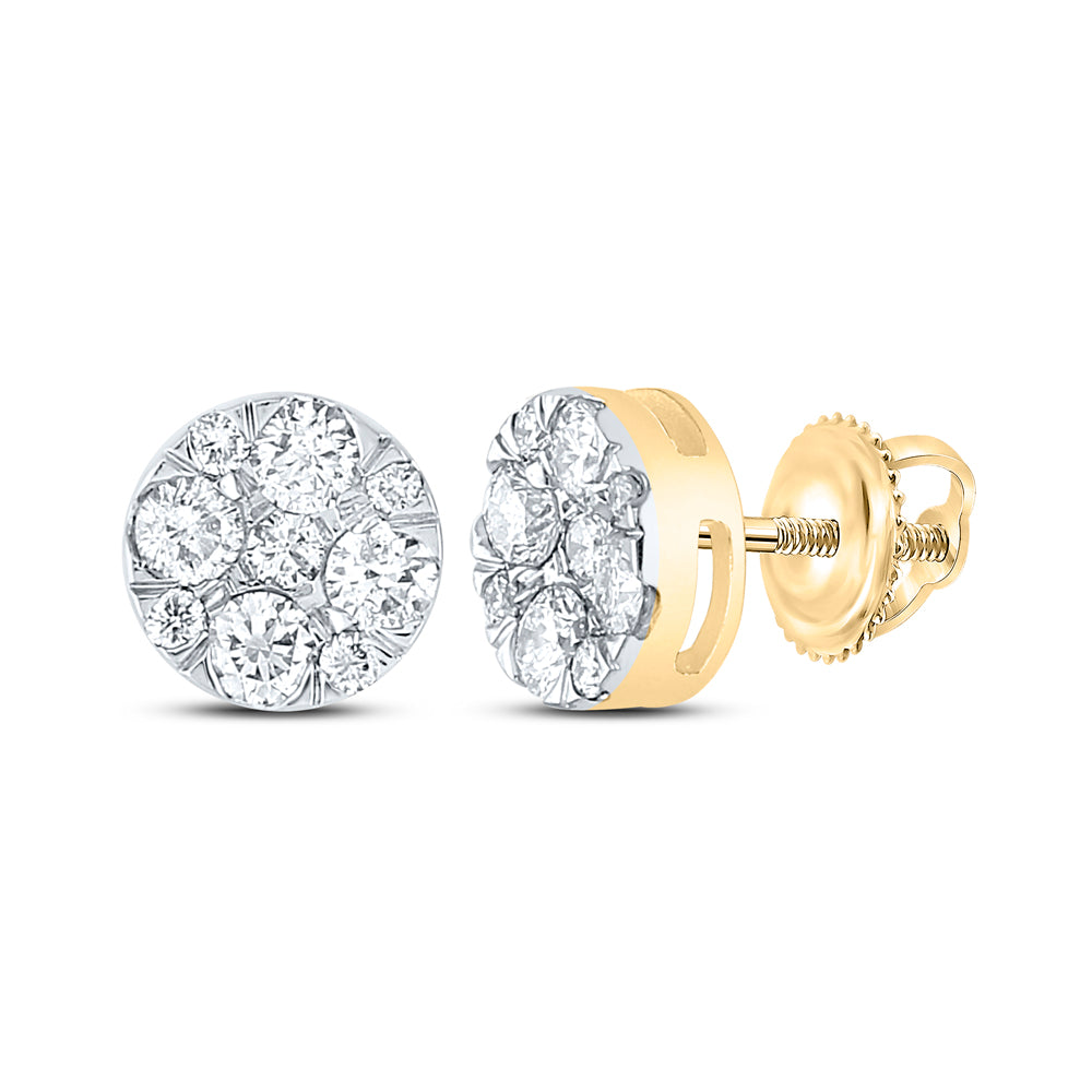 14kt Yellow Gold Womens Round Diamond Flower Cluster Earrings 1.00 Cttw