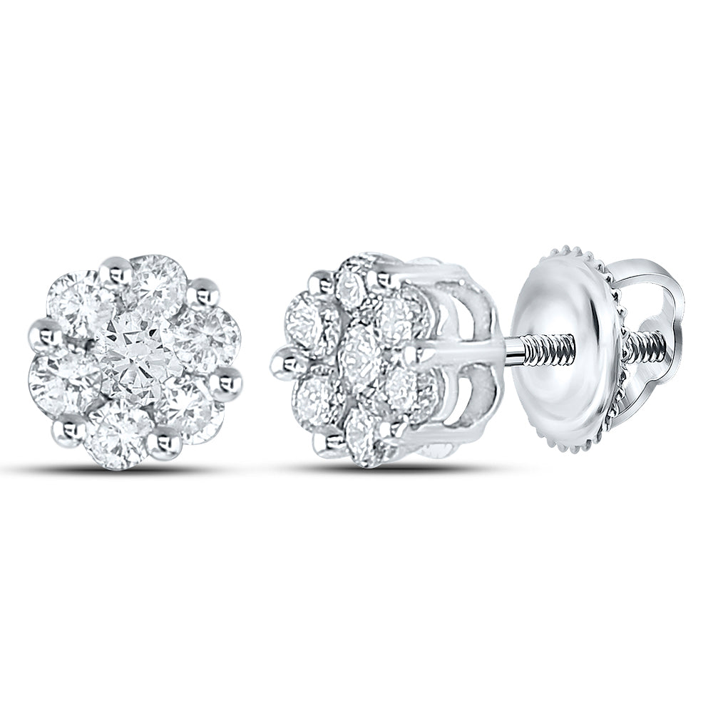 14kt White Gold Womens Round Diamond Flower Cluster Stud Earrings 1/2 Cttw