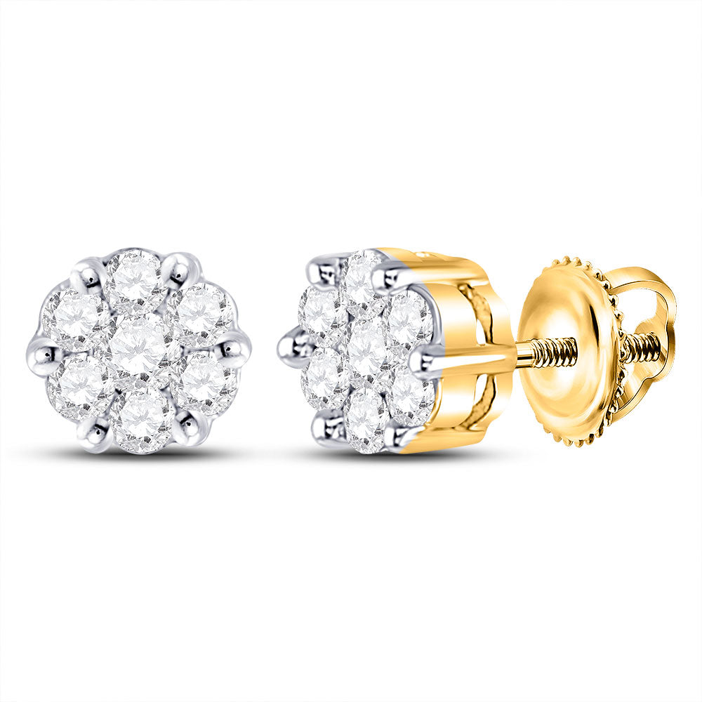 14kt Yellow Gold Womens Round Diamond Flower Cluster Earrings 1/4 Cttw