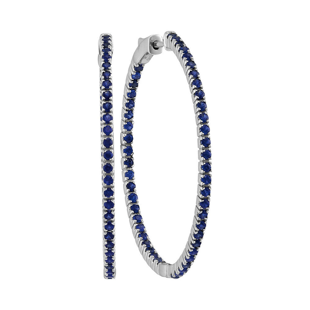 14kt White Gold Womens Round Blue Sapphire Large Slender Inside Outside Hoop Earrings 2-7/8 Cttw