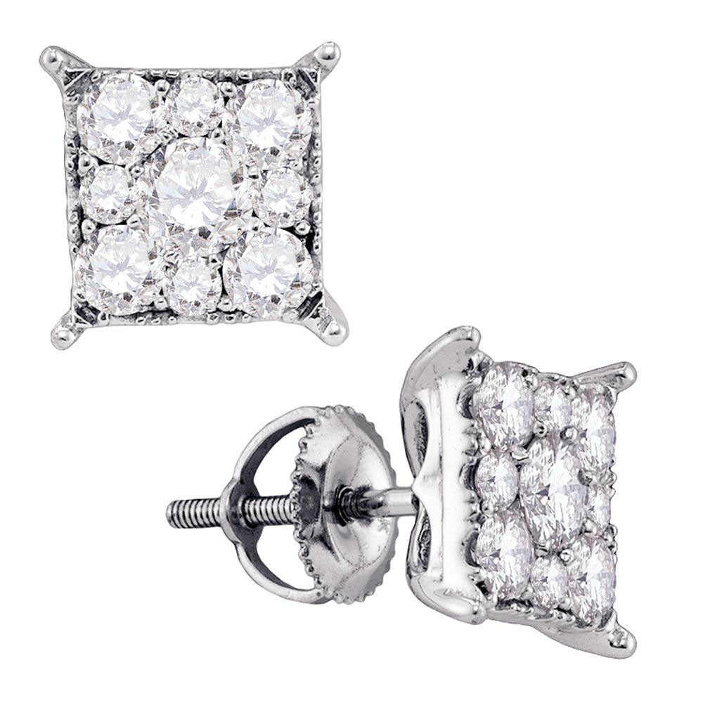 14kt White Gold Womens Round Diamond Square Cluster Earrings 1-1/4 Cttw