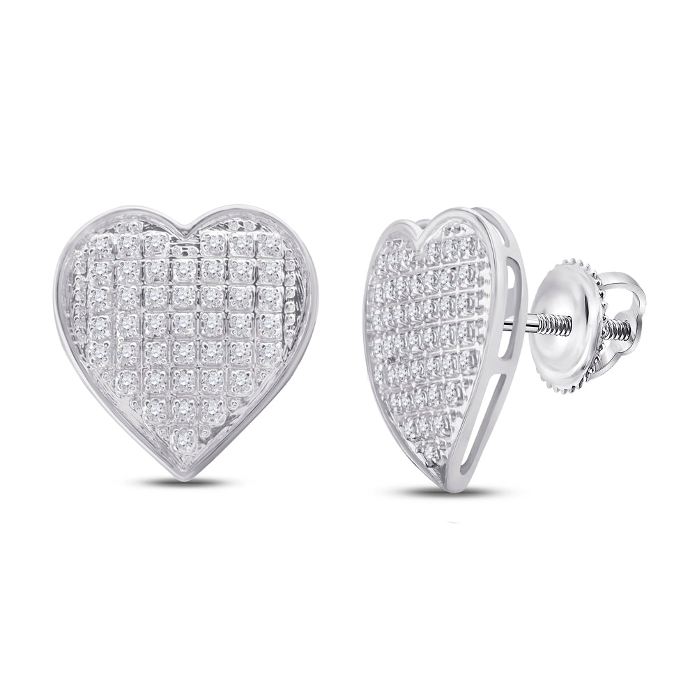 10kt White Gold Womens Round Diamond Heart Cluster Screwback Earrings 1/4 Cttw