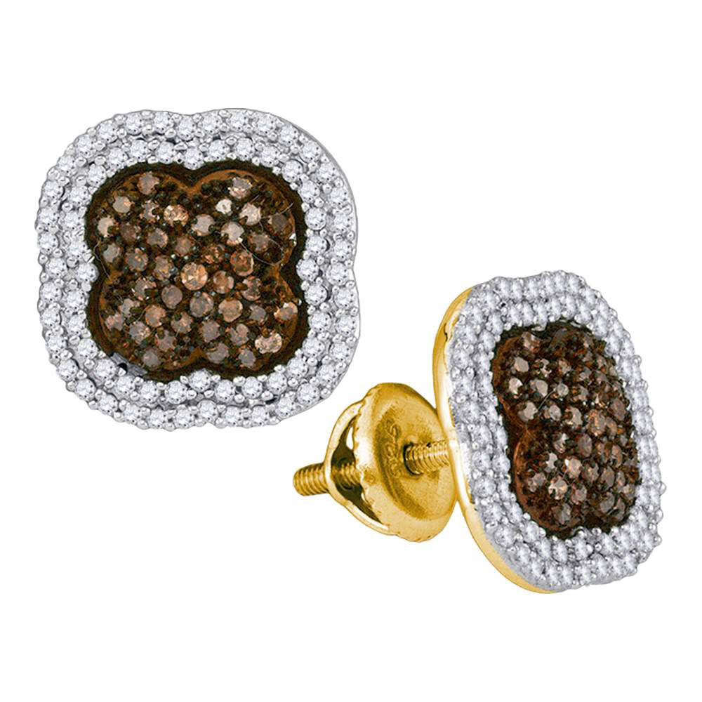 10kt Yellow Gold Womens Round Brown Diamond Quatrefoil Cluster Earrings 3/4 Cttw