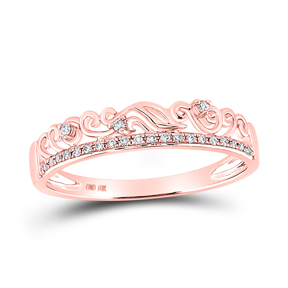 10kt Rose Gold Womens Round Diamond Floral Accent Stackable Band Ring 1/12 Cttw