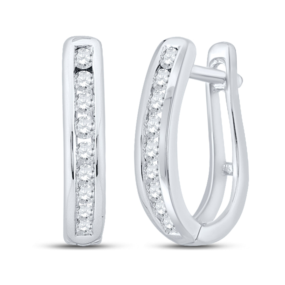 14kt White Gold Womens Round Diamond Single Row Oblong Hoop Earrings 1/4 Cttw