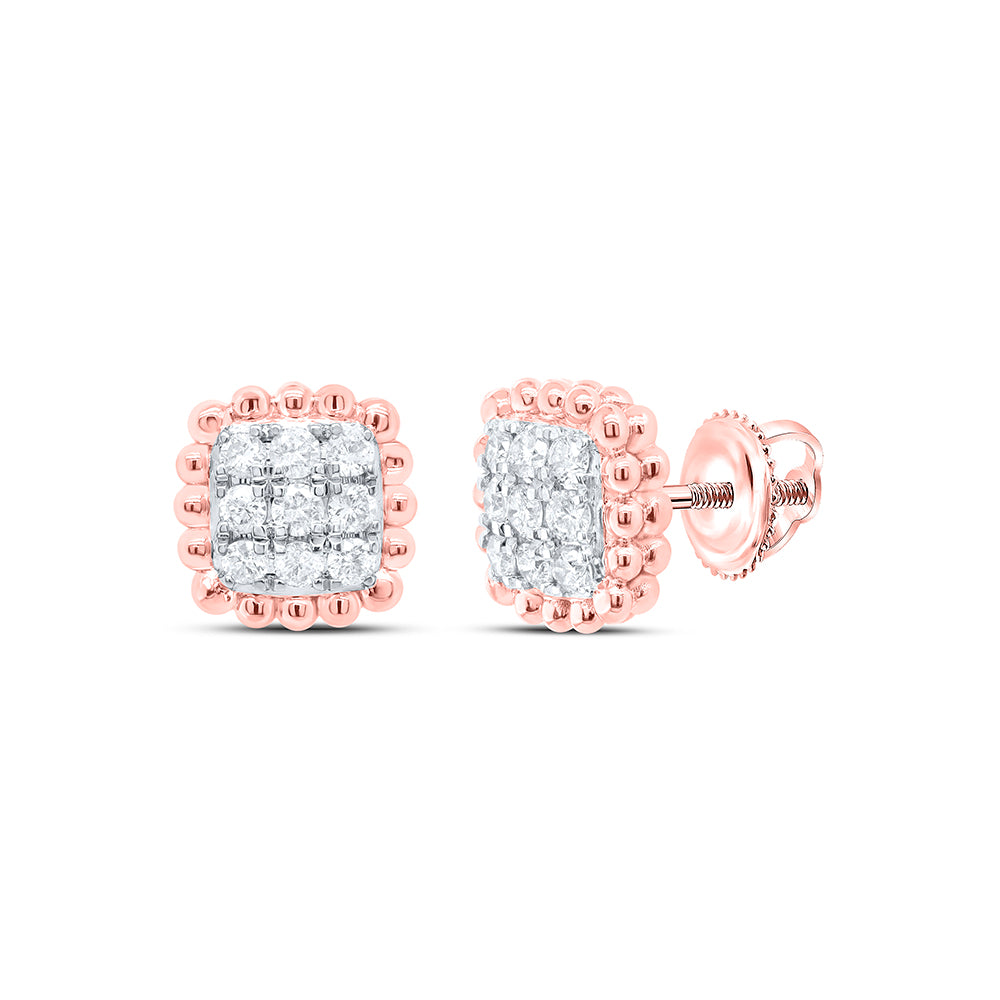 10kt Rose Gold Womens Round Diamond Beaded Square Frame Cluster Earrings 1/4 Cttw