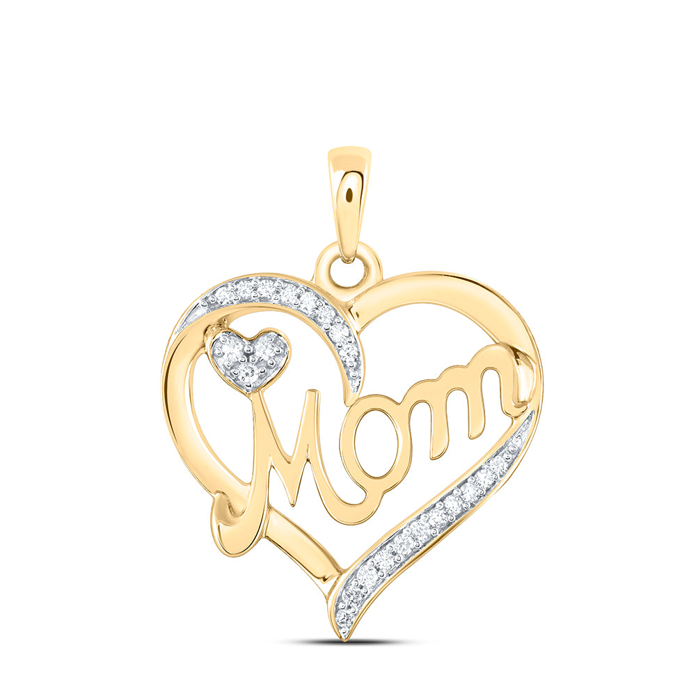 10kt Yellow Gold Womens Round Diamond Mom Mother Heart Pendant 1/10 Cttw