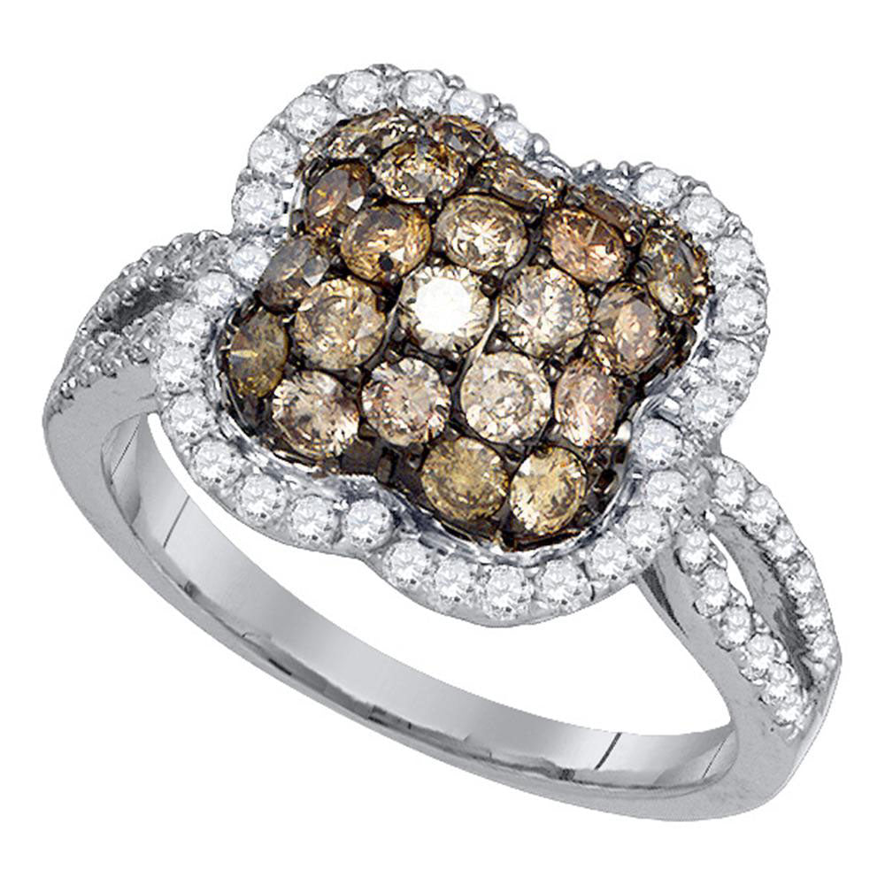 10kt White Gold Womens Round Brown Diamond Quatrefoil Cluster Ring 1-1/2 Cttw