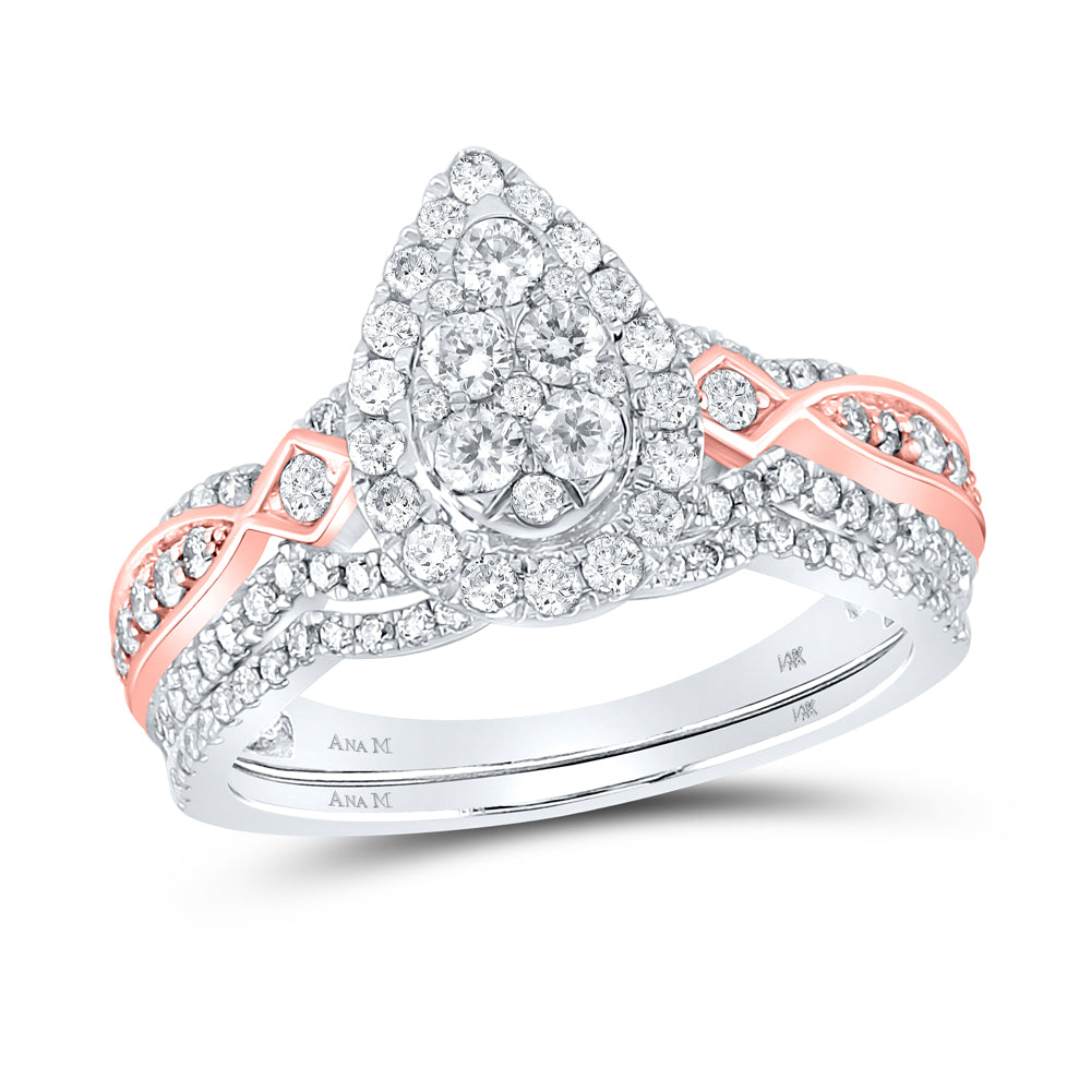 14kt Two-tone White Gold Womens Round Diamond Teardrop Cluster Bridal Wedding Engagement Ring Band Set 1.00 Cttw