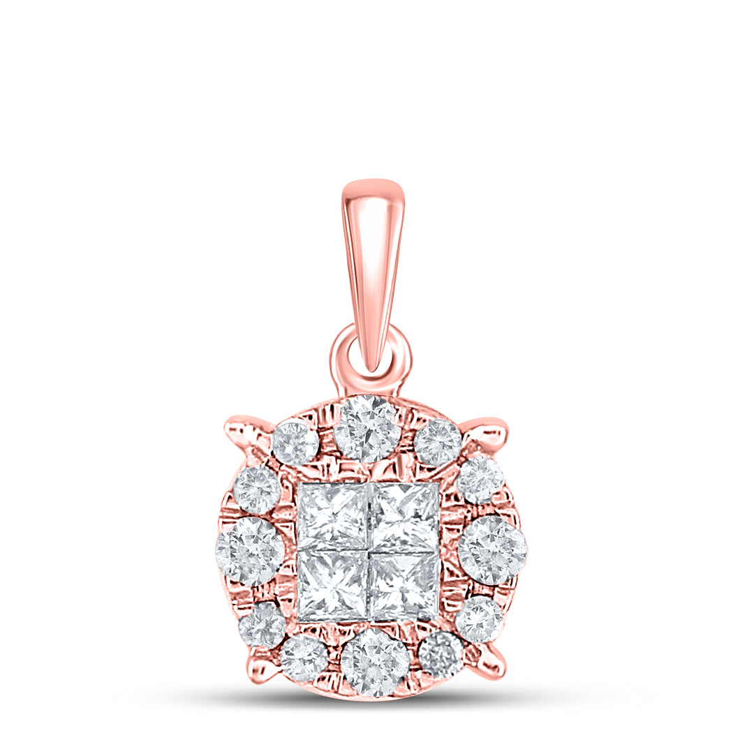 14kt Rose Gold Womens Princess Diamond Fashion Cluster Pendant 1/4 Cttw