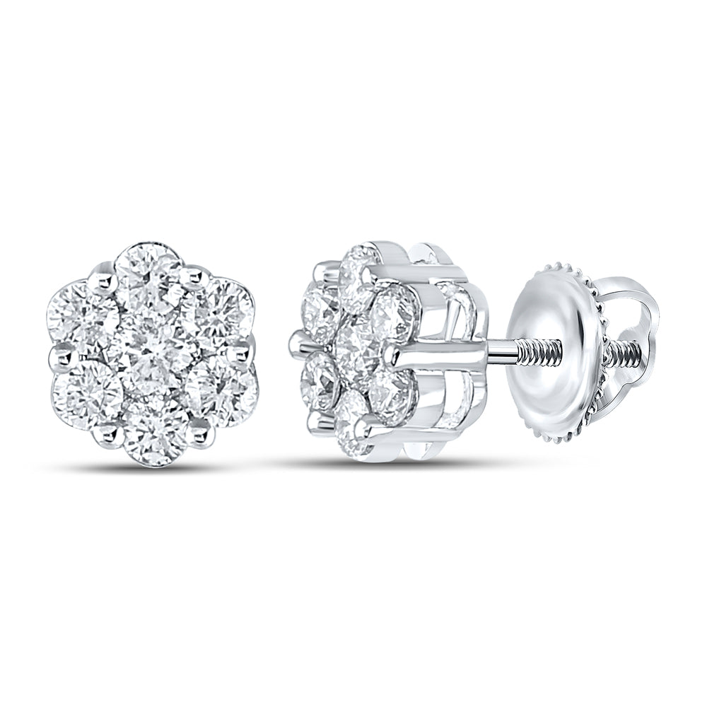 14kt White Gold Womens Round Diamond Flower Cluster Earrings 7/8 Cttw