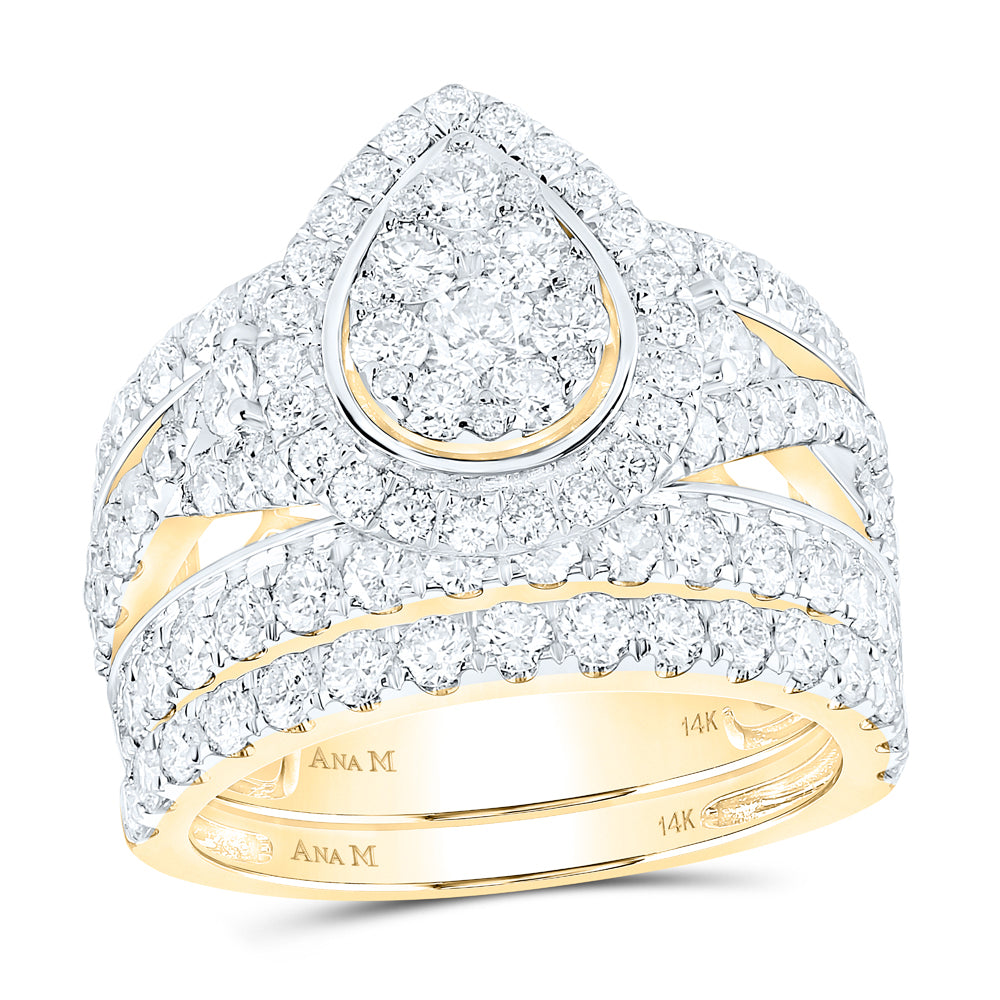 14kt Yellow Gold Womens Round Diamond Pear Bridal Wedding Engagement Ring Band Set 3.00 Cttw