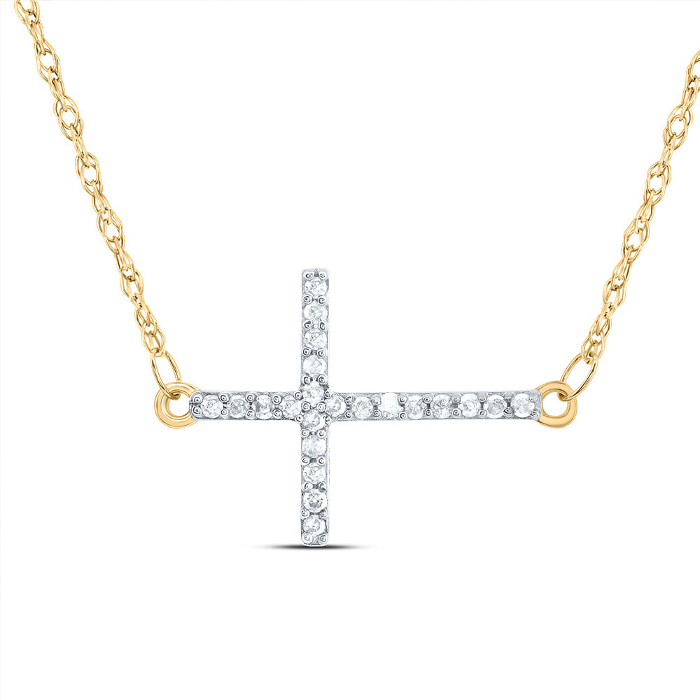 10kt Yellow Gold Womens Round Diamond Sideways Horizontal Cross Pendant Necklace 1/20 Cttw