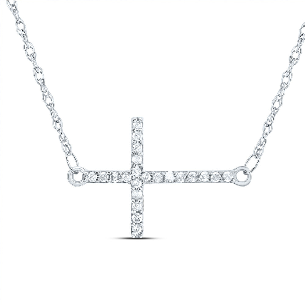 10kt White Gold Womens Round Diamond Sideways Horizontal Cross Religious Pendant Necklace 1/20 Cttw