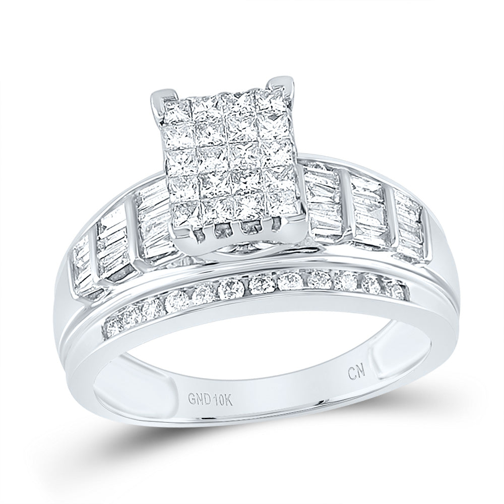 10kt White Gold Womens Princess Diamond Cluster Bridal Wedding Engagement Ring 1.00 Cttw - Size 7.5