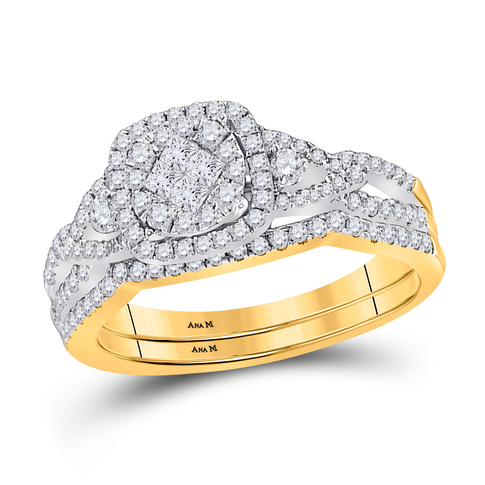 14kt Yellow Gold Womens Princess Round Diamond Cluster Bridal Wedding Engagement Ring Band Set 3/4 Cttw