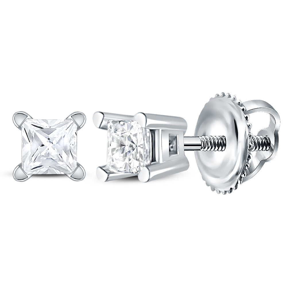 14kt White Gold Unisex Princess Diamond Solitaire Stud Earrings 1/6 Cttw
