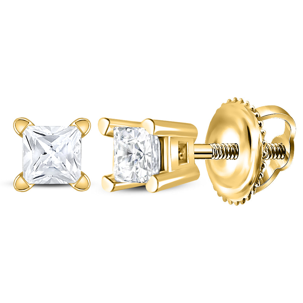 14kt Yellow Gold Unisex Princess Diamond Solitaire Stud Earrings 1/6 Cttw
