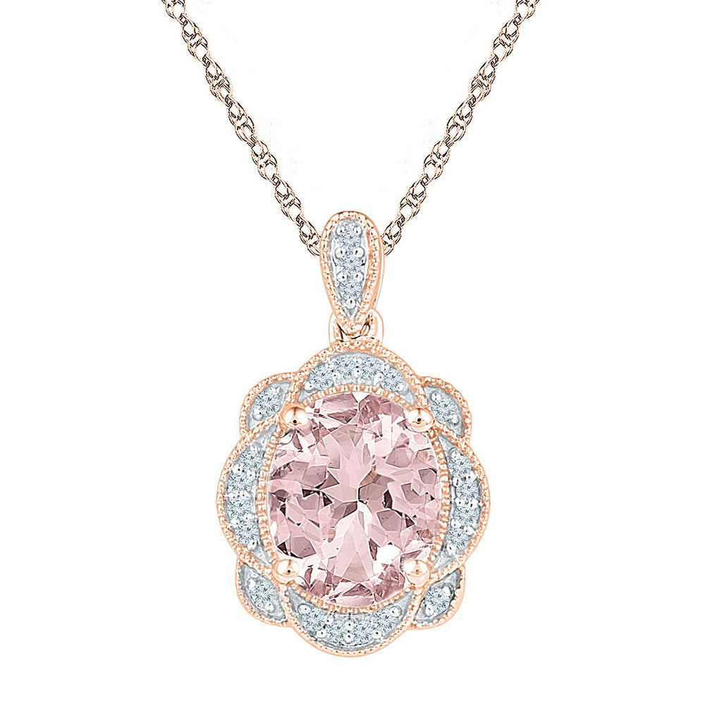 10kt Rose Gold Womens Oval Lab-Created Morganite Oval Diamond Pendant 2.00 Cttw