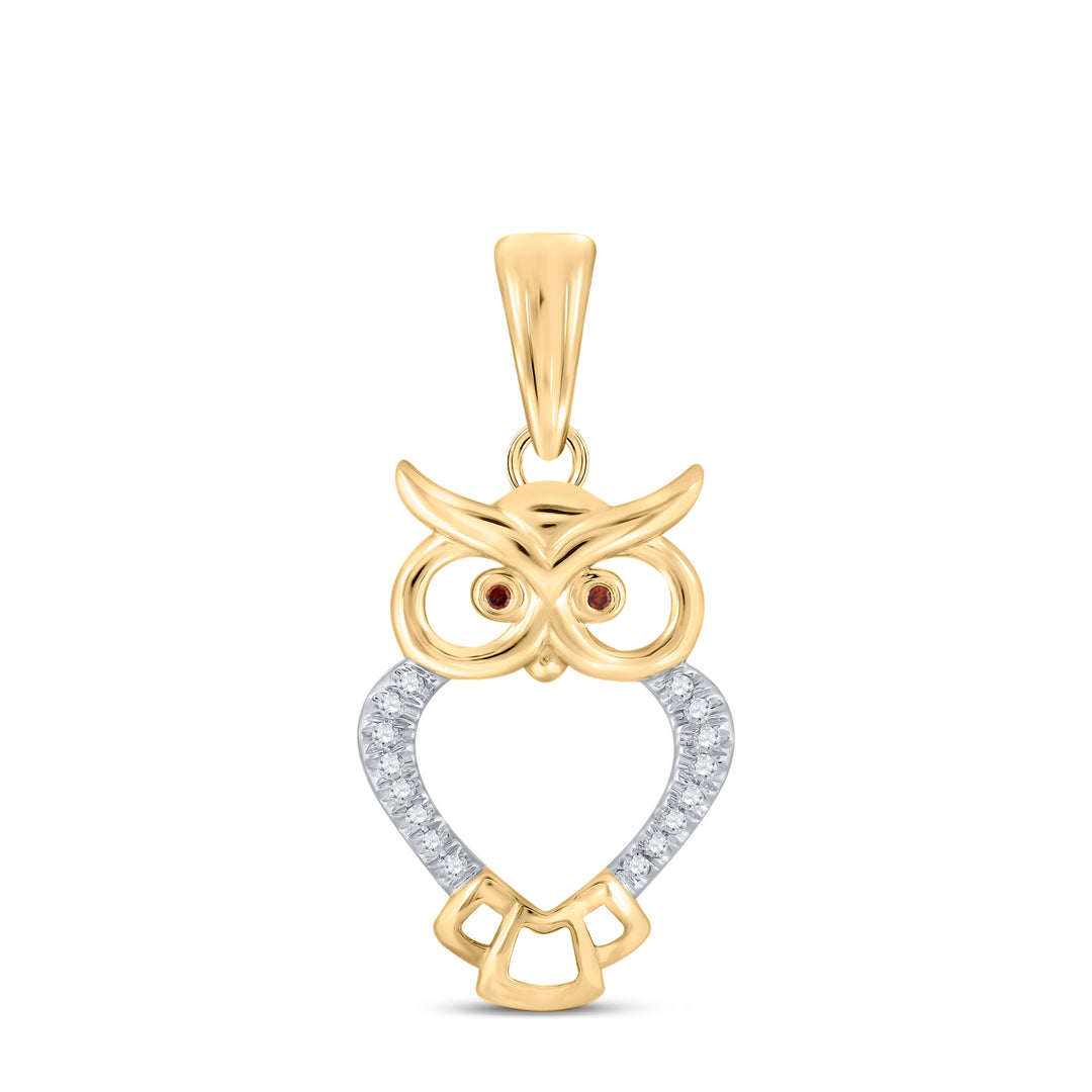 10kt Yellow Gold Womens Round Red Color Enhanced Diamond Owl Bird Animal Pendant 1/20 Cttw