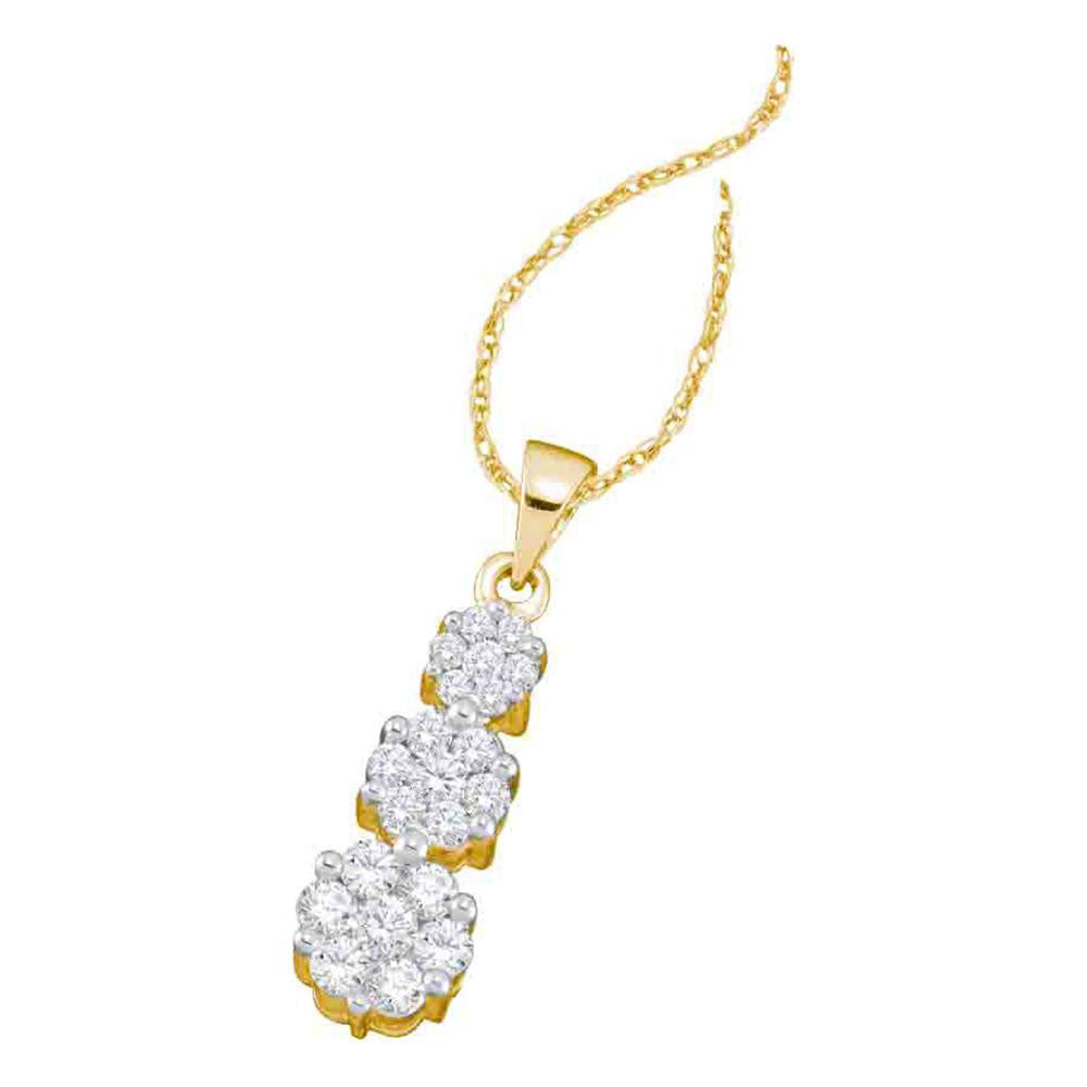 14kt Yellow Gold Womens Round Diamond Triple Flower Cluster Pendant 1.00 Cttw