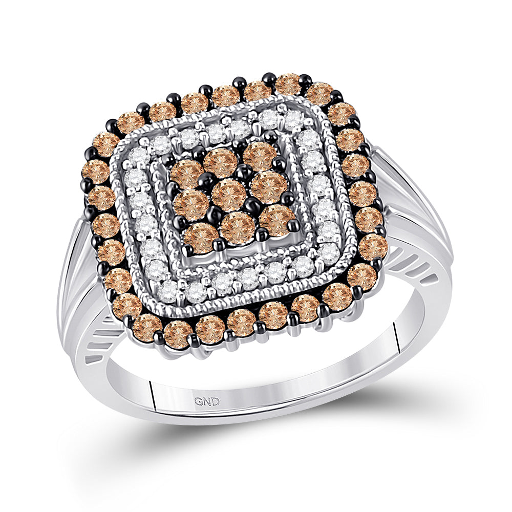 10kt White Gold Womens Round Brown Diamond Square Cluster Ring 1.00 Cttw