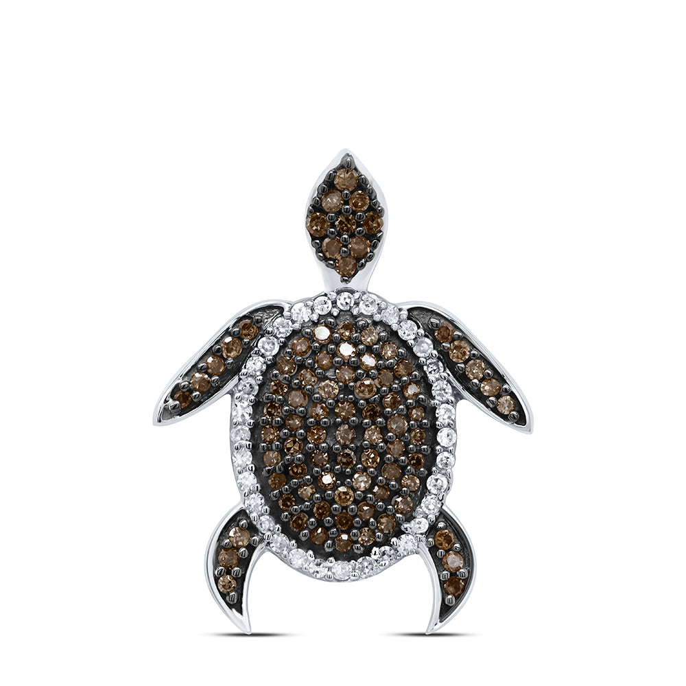 10kt White Gold Womens Round Brown Diamond Sea Turtle Tortoise Pendant 1/3 Cttw