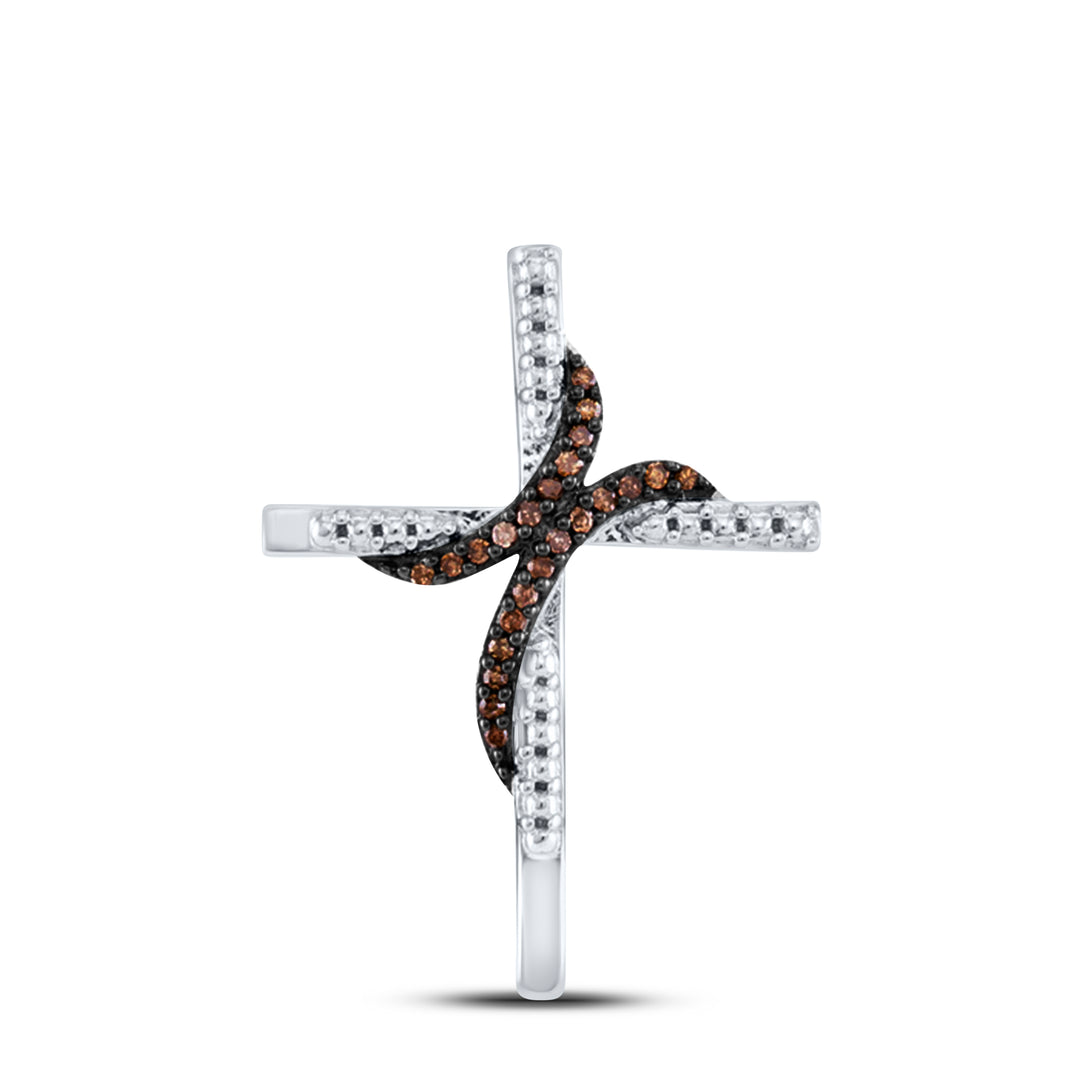 10kt White Gold Womens Round Brown Diamond Cross Beaded Pendant 1/8 Cttw