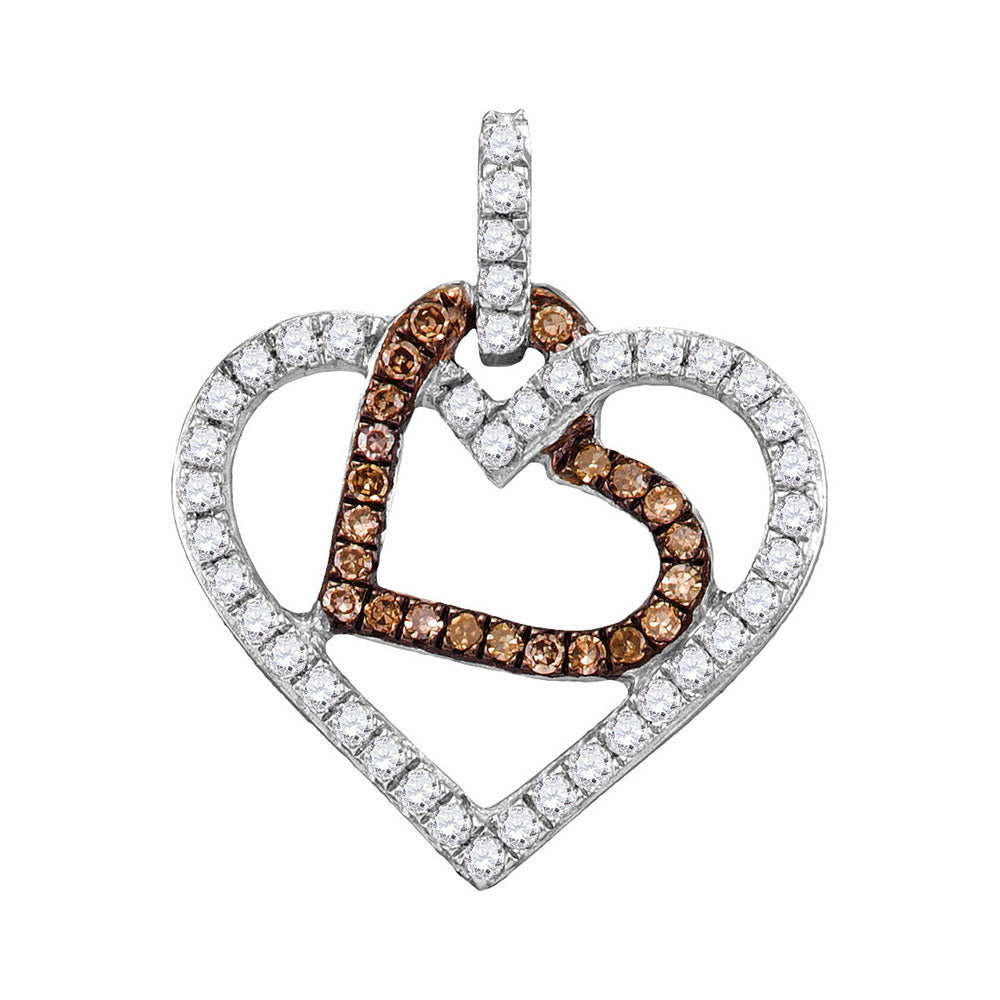 10kt White Gold Womens Round Brown Diamond Double Heart Pendant 1/3 Cttw