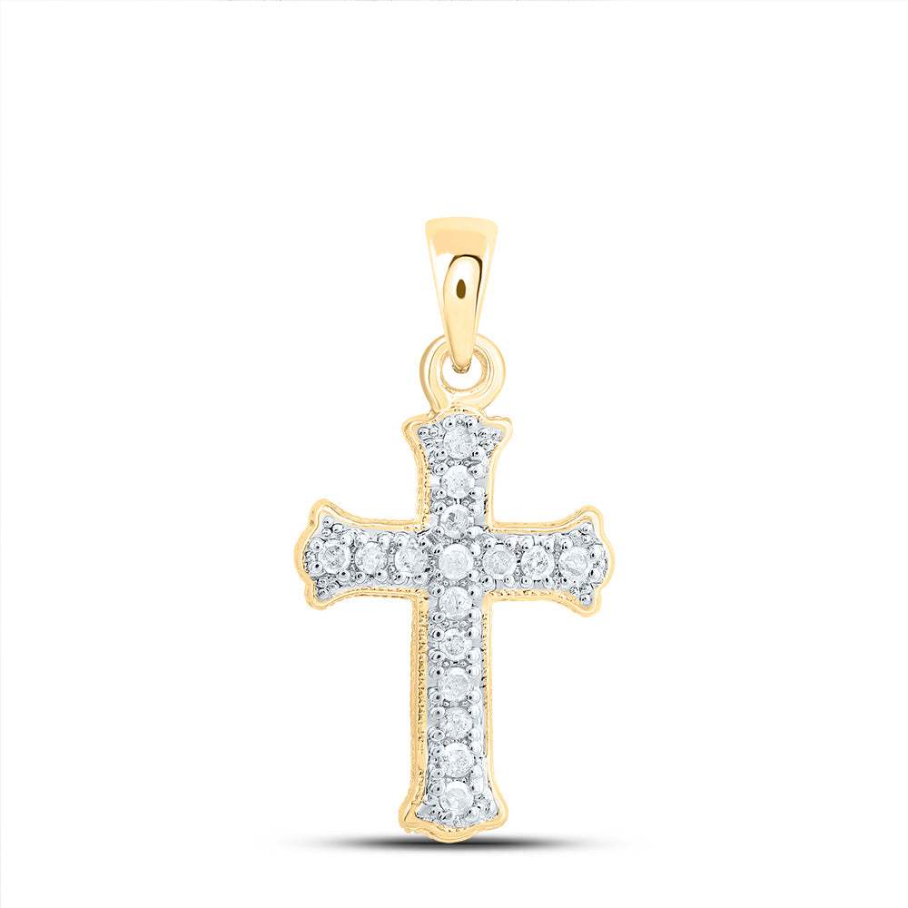 10kt Yellow Gold Womens Round Diamond Small Scalloped Cross Religious Pendant 1/12 Cttw