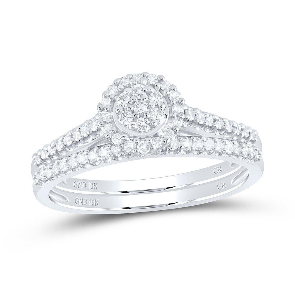 10kt White Gold Womens Round Diamond Cluster Bridal Wedding Engagement Ring Band Set 1/3 Cttw
