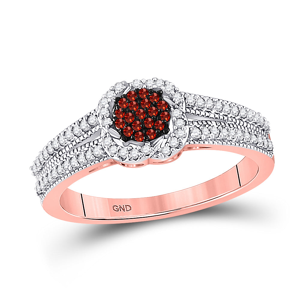 10kt Rose Gold Womens Round Red Color Enhanced Diamond Cluster Ring 1/4 Cttw