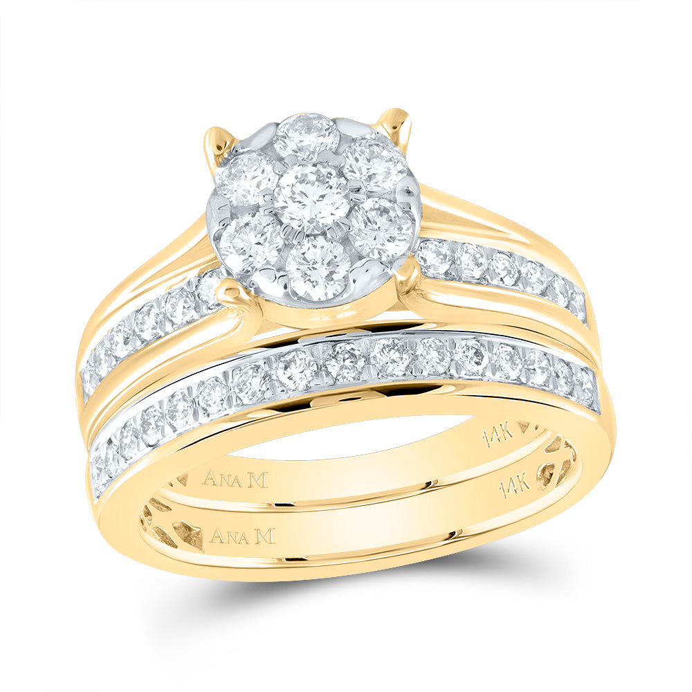14kt Yellow Gold Womens Round Diamond Flower Cluster Bridal Wedding Engagement Ring Band Set 1.00 Cttw