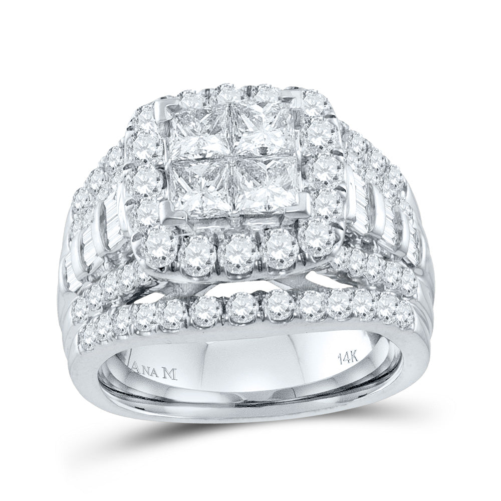 14kt White Gold Womens Princess Diamond Cluster Halo Bridal Wedding Engagement Ring 3.00 Cttw