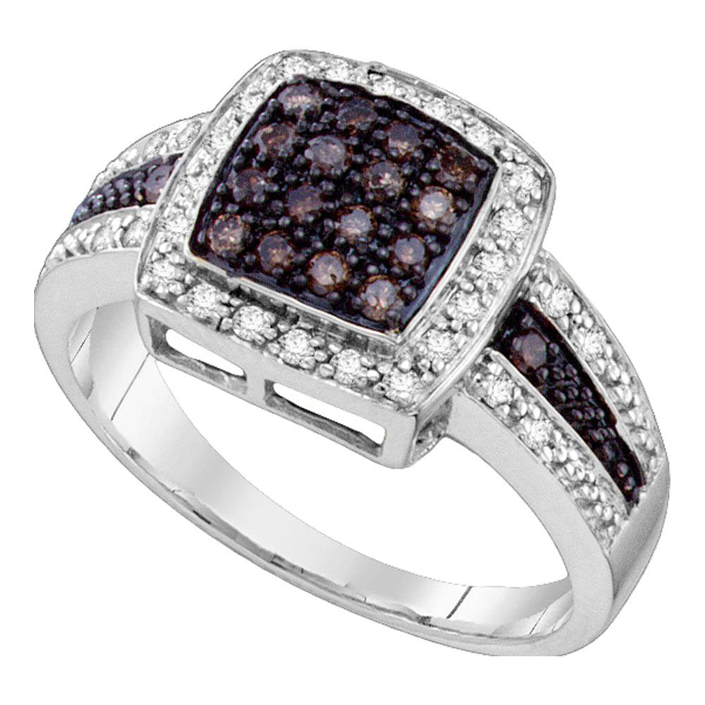 10kt White Gold Womens Round Brown Diamond Cluster Ring 1/2 Cttw - Size 9