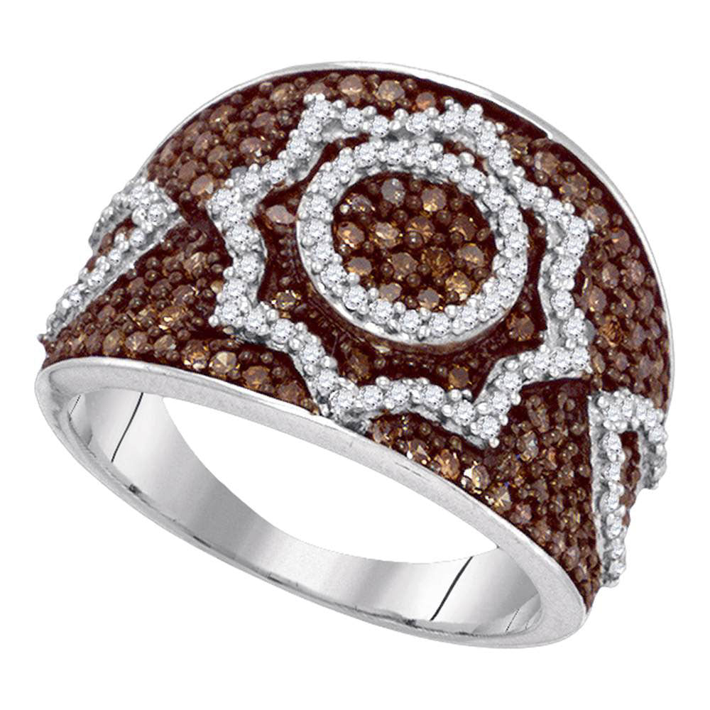 10kt White Gold Womens Round Brown Diamond Starburst Fashion Ring 1.00 Cttw